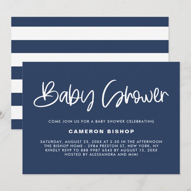 Navy & White Cute Modern Calligraphy Baby Shower Invitation (Front/Back)