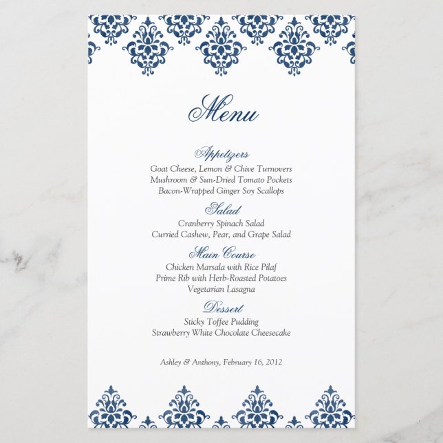 Navy White Damask Arabesque Wedding Menu Card (Front)