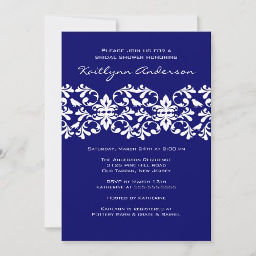 Navy &amp; White Damask Bridal Shower Invitation