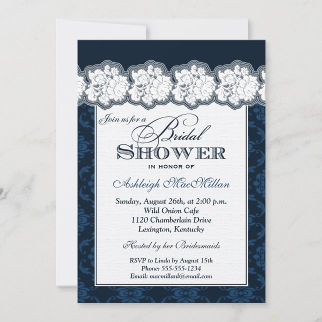 Navy, White Damask, Lace Bridal Shower Invite (Front)
