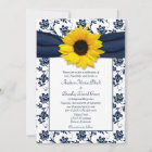 Navy White Damask Sunflower Wedding Invitation