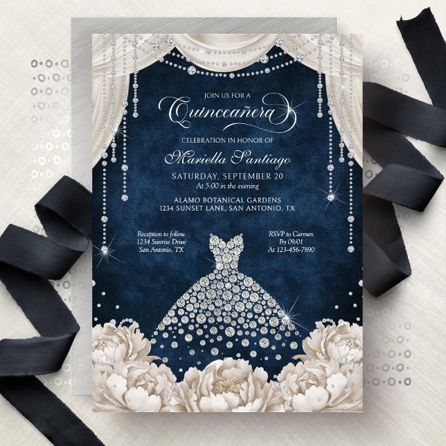 Navy White Diamond Floral Quinceanera Invitation (Creator Uploaded)