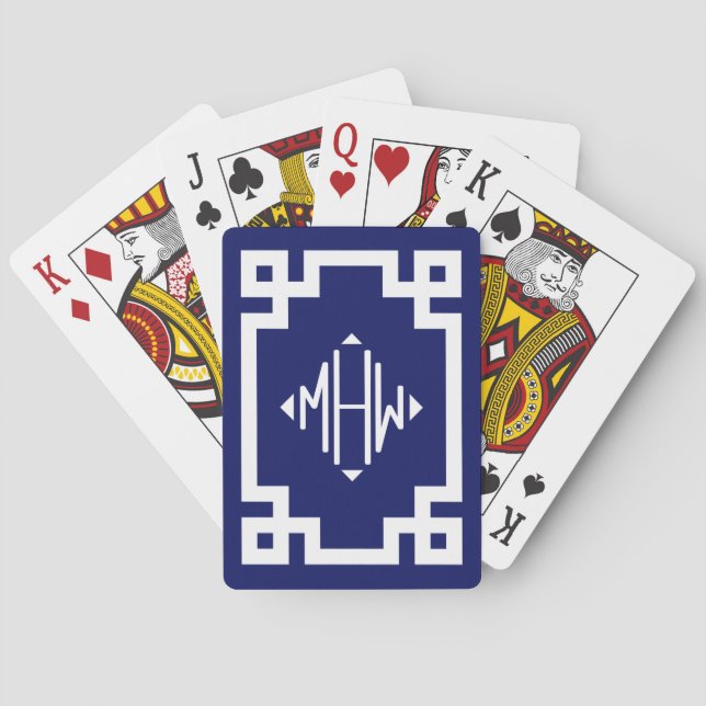 Navy White Diamond Monogram Font Greek Key DIY BG Poker Cards (Back)