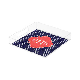 Navy White Dot Coral Red Quatrefoil 3 Monogram Acrylic Tray