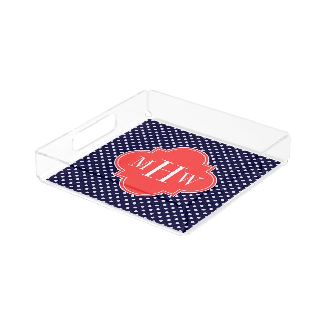 Navy White Dot Coral Red Quatrefoil 3 Monogram Acrylic Tray (Angled)