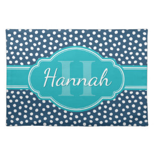 Navy White Dotted Pattern Teal Monogram Cloth Placemat