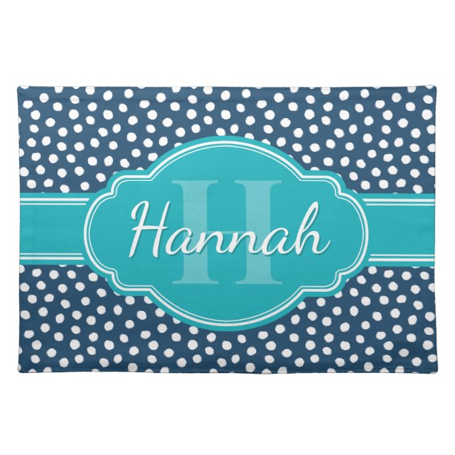 Navy White Dotted Pattern Teal Monogram Cloth Placemat (Front)