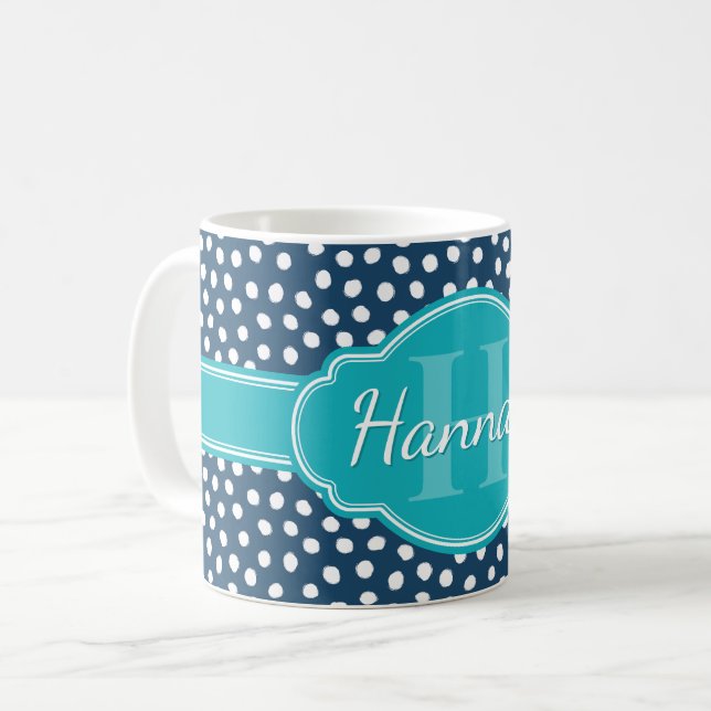 Navy White Dotted Pattern Teal Monogram Coffee Mug (Front Left)