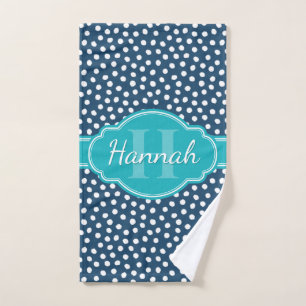 Navy White Dotted Pattern Teal Monogram Hand Towel