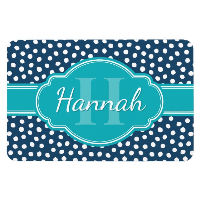 Navy White Dotted Pattern Teal Monogram Magnet (Horizontal)
