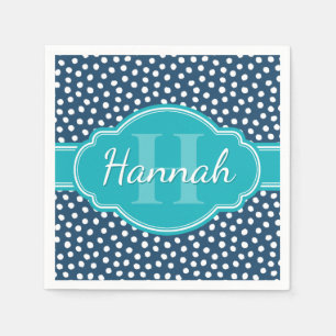 Navy White Dotted Pattern Teal Monogram Napkins