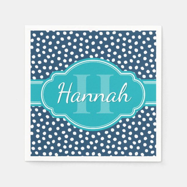 Navy White Dotted Pattern Teal Monogram Napkins (Front)