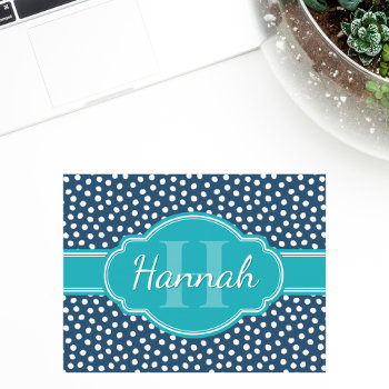 Navy White Dotted Pattern Teal Monogram Postcard by DoodlesGiftShop at Zazzle