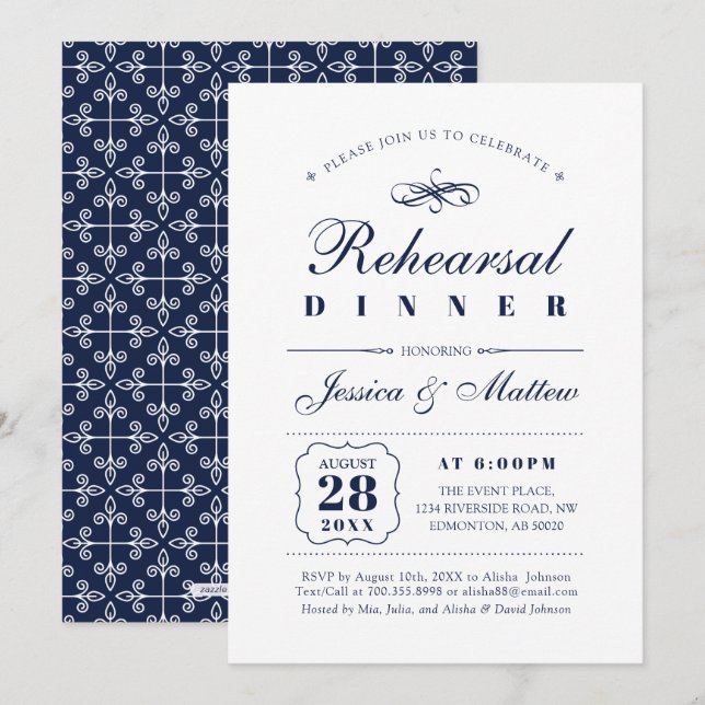 Navy & White | Elegant Wedding Rehearsal Dinner Invitation (Front/Back)