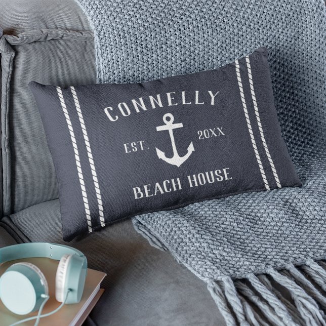 Navy & White Family Name Beach House Anchor Lumbar Pillow (Creator Uploaded)