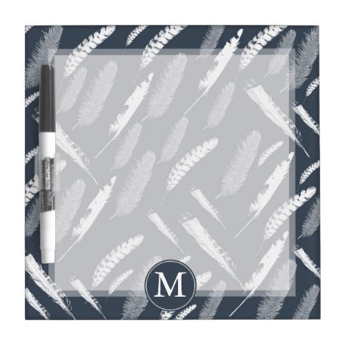 Navy White Feathers Monogram Dry_Erase Board