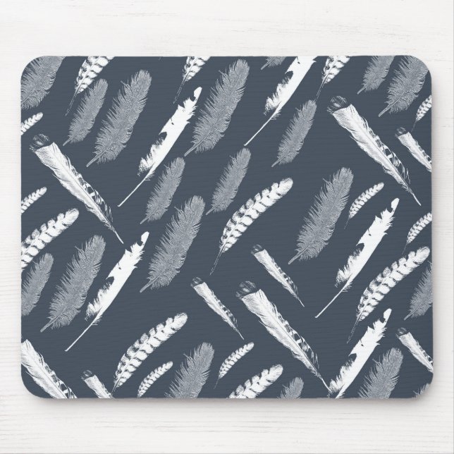 Navy White Feathers Mouse Pad (Front)