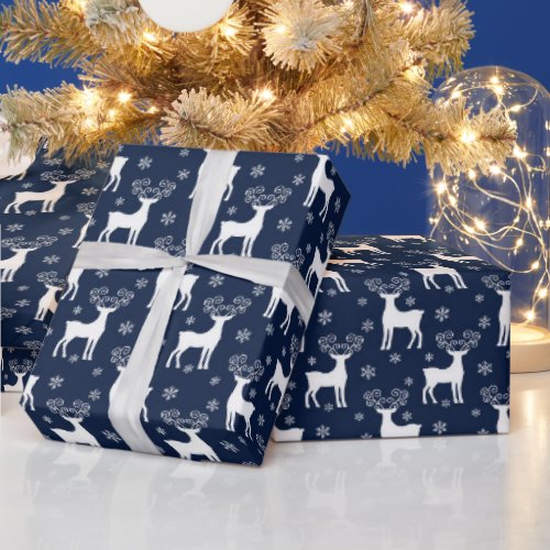 Navy  White Festive Christmas Reindeer Pattern Wrapping Paper