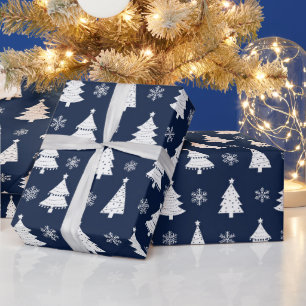 Navy & White Festive Christmas Tree Pattern Wrapping Paper