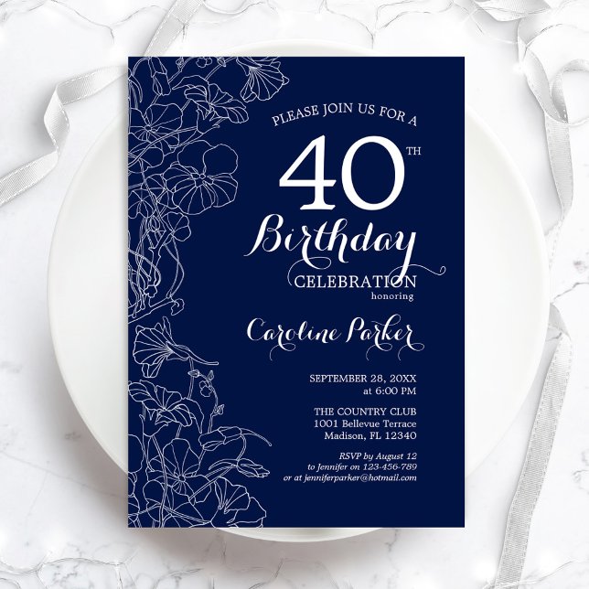 Navy White Floral 40th Birthday Party Invitation (Creator Uploaded)