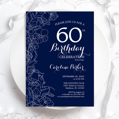 Navy White Floral 60th Birthday Party Invitation