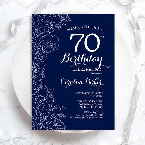 Navy White Floral 70th Birthday Party Invitation