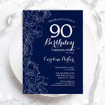 Navy White Floral 90th Birthday Party Invitation<br><div class="desc">Navy White Floral 90th Birthday Party Invitation. Minimalist modern design featuring botanical outline drawings accents and typography script font. Simple trendy invite card perfect for a stylish female bday celebration. Can be customized to any age. Printed Zazzle invitations or instant download digital printable template.</div>