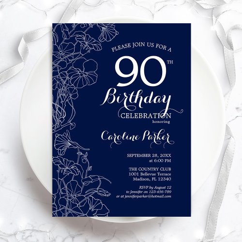 Navy White Floral 90th Birthday Party Invitation