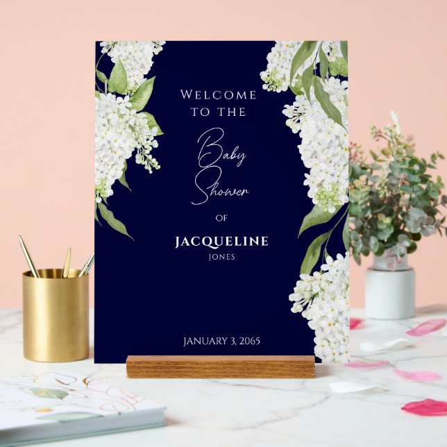 Navy White Floral Baby Shower Welcome Acrylic Sign (Wedding)