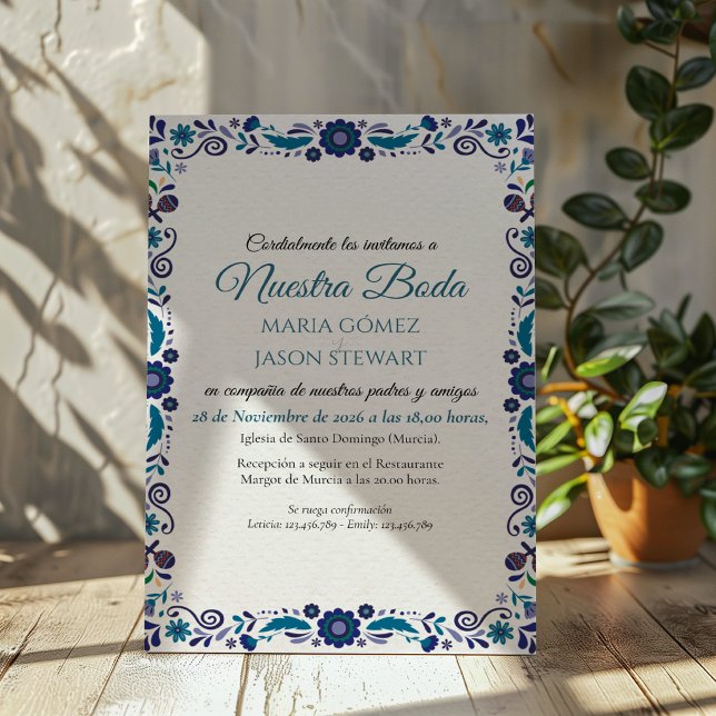 Navy White Floral Elegant Classic Spanish Wedding Invitation (Navy White Floral Elegant Classic Spanish Wedding Invitation)