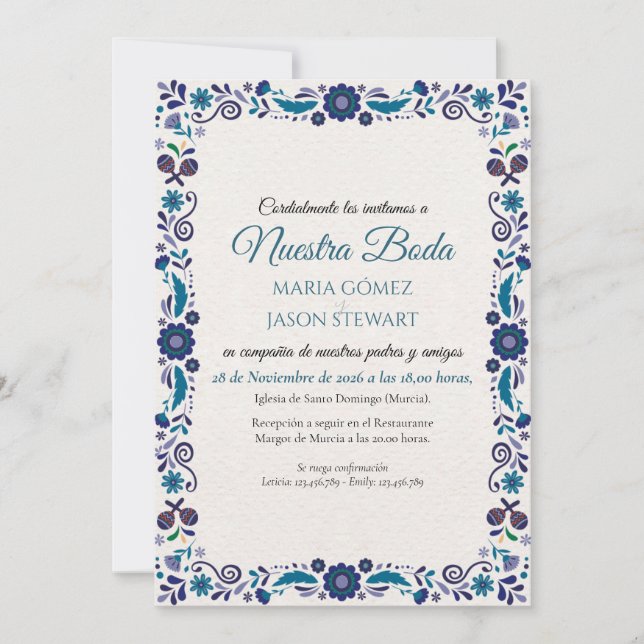Navy White Floral Elegant Classic Spanish Wedding Invitation (Front)