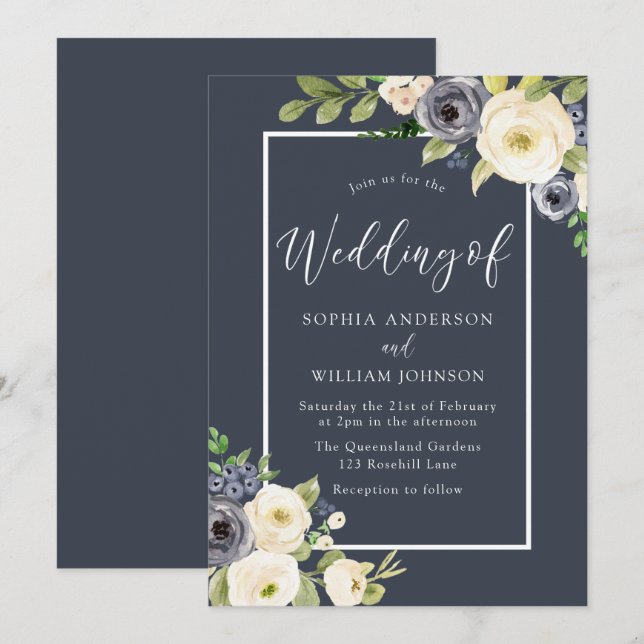 Navy & White Floral Elegant Wedding Invitation (Front/Back)