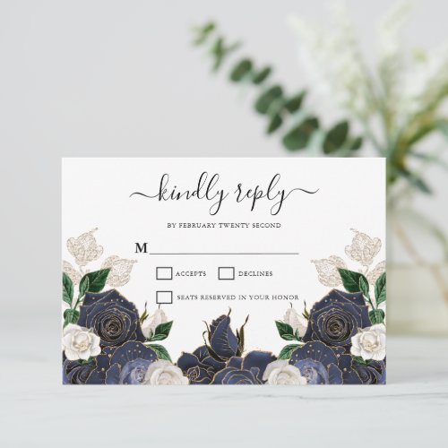 Navy  White Floral Elegant Wedding RSVP Card