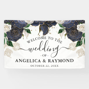 Navy & White Floral Elegant Wedding Welcome Banner