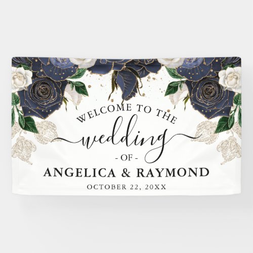 Navy  White Floral Elegant Wedding Welcome Banner