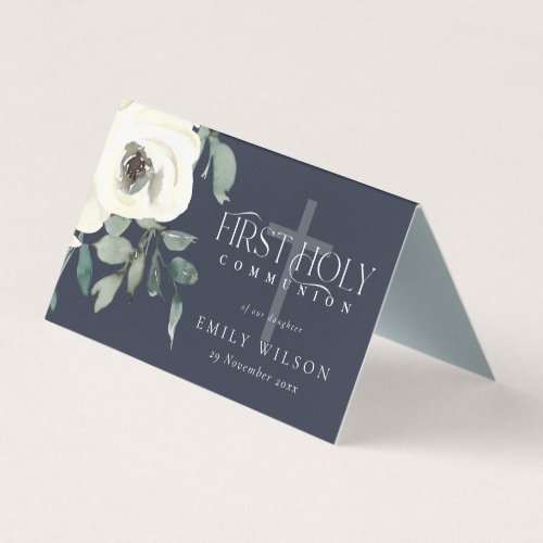 NAVY WHITE FLORAL FIRST HOLY COMMUNION PLACE CARD