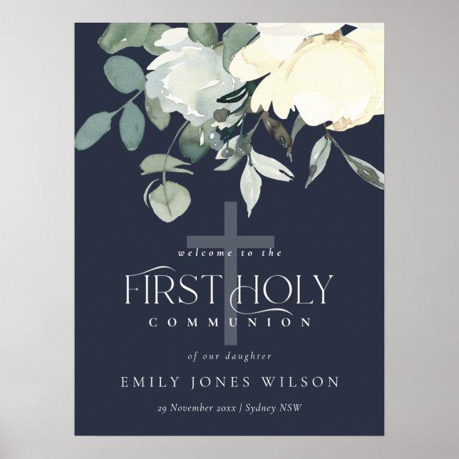 NAVY WHITE FLORAL FIRST HOLY COMMUNION WELCOME POSTER (Front)