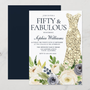 Navy & White Floral Gold Dress 50th Birthday Party Invitation