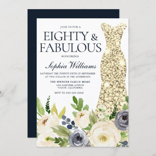 Navy & White Floral Gold Dress 80th Birthday Party Invitation