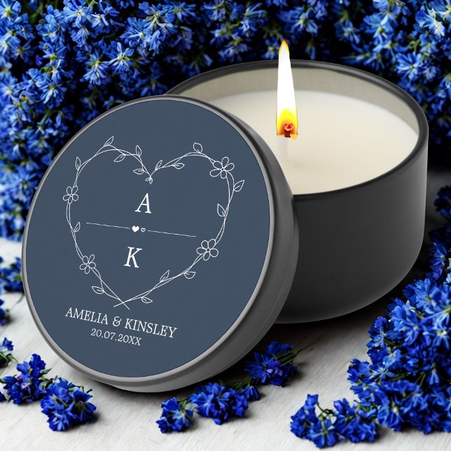 Navy White Floral Heart Modern Monogram Wedding Mini Candle Favors (Navy White Floral Heart Modern Monogram Wedding Mini Candle Favors
)
