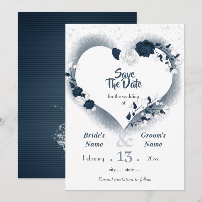 Navy & white floral heart save the date (Front/Back)