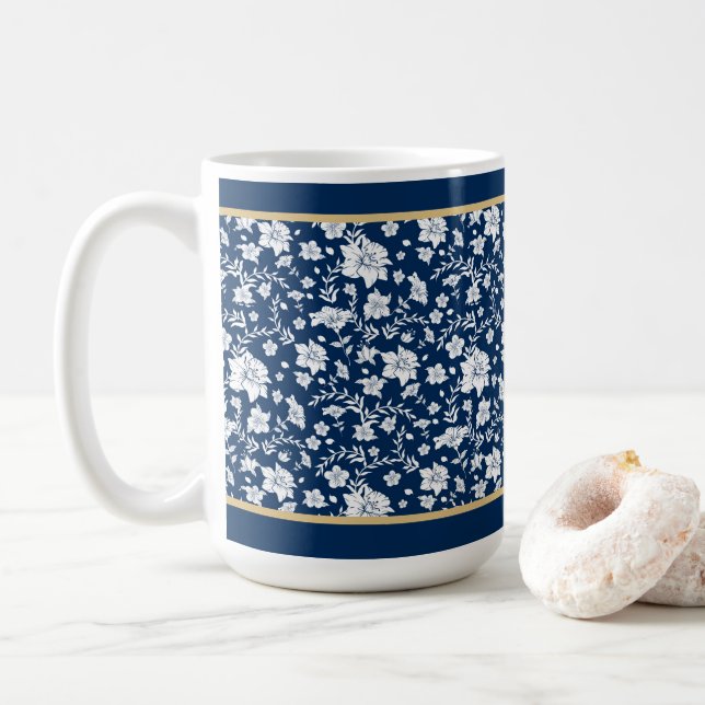 Navy White Floral Mug (With Donut)