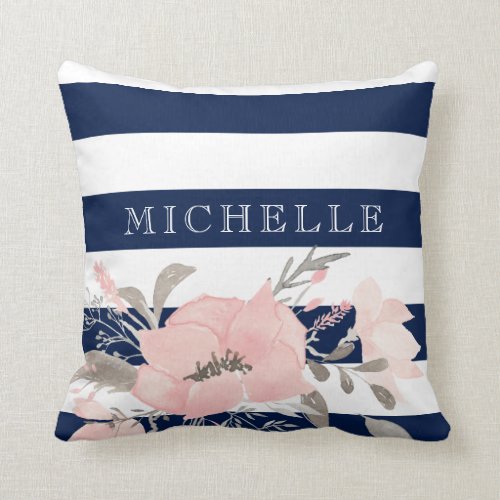 Navy | White Floral Personalized Throw Pillow