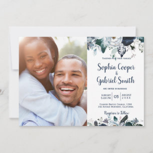 Navy White Floral Photo Wedding Invitations