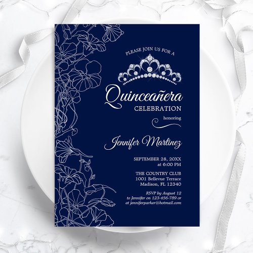 Navy White Floral Quinceanera Party Invitation