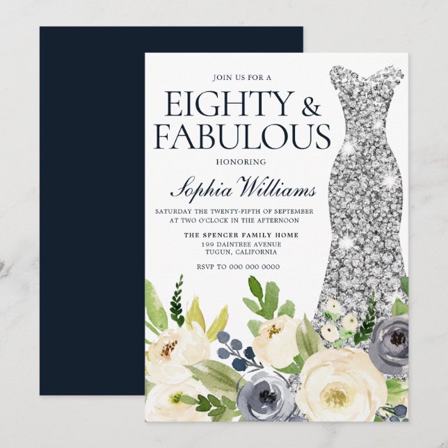 Navy White Floral Silver Dress 80th Birthday Party Invitation (Front/Back)