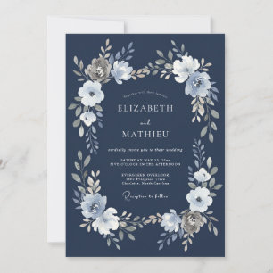 Navy White Floral Watercolor Wedding Invitation