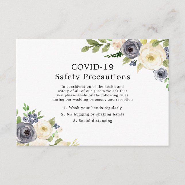 Navy & White Floral Wedding COVID-19 Safety Enclosure Card (Front)