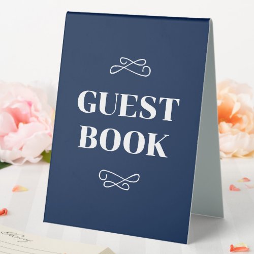 Navy White Flourish Guest Book Table Tent Sign