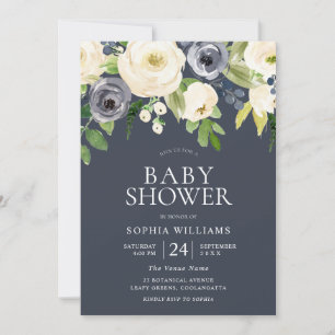 Navy & White Flowers Girl Boy Modern Baby Shower Invitation